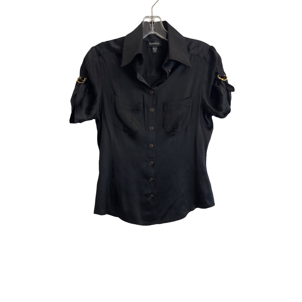 Vintage Y2K Bebe Womens XS Black Short Sleeve Shirt Button Up Blouse Satin Top